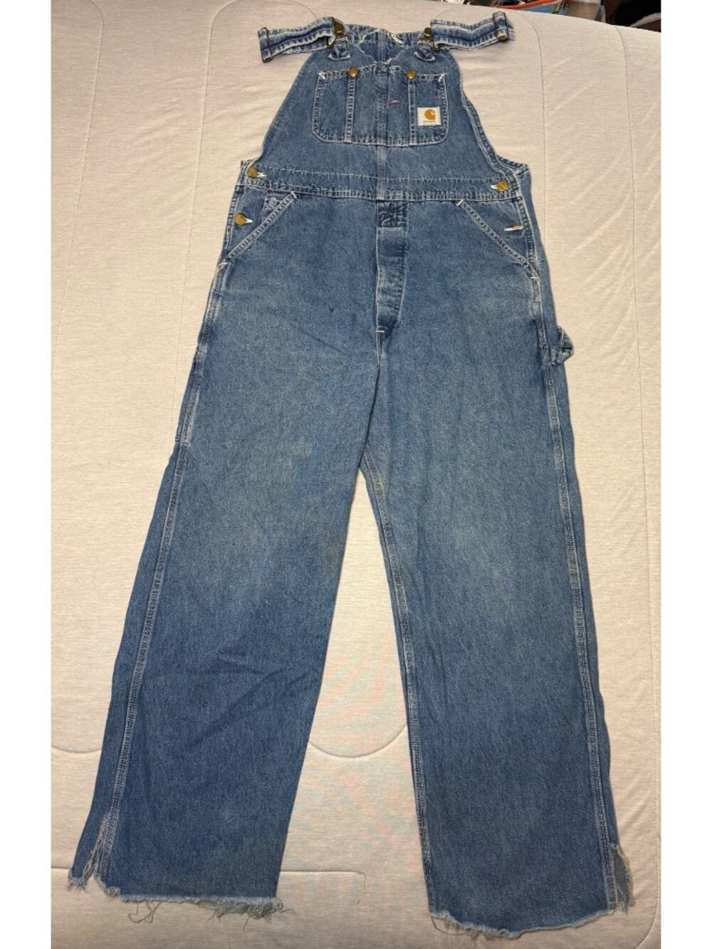 VTG Carhartt R07DST Denim Bib Overalls Mens 36x32 Blue Made in USA Distressed